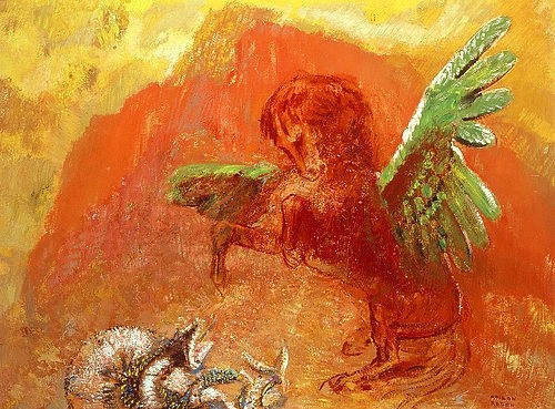 Odilon Redon, Pegasus und die Hydra. 1905 (Wunschgröße, klassische Moderne, Symbolismus, Fabelwesen, geflügeltes Pferd, Monster, Ungeheuer, Schlange, Hydra, Kampf, Mythologie, griechisch, Figurativ, Treppenhaus, Wohnzimmer, Malerei, bunt)