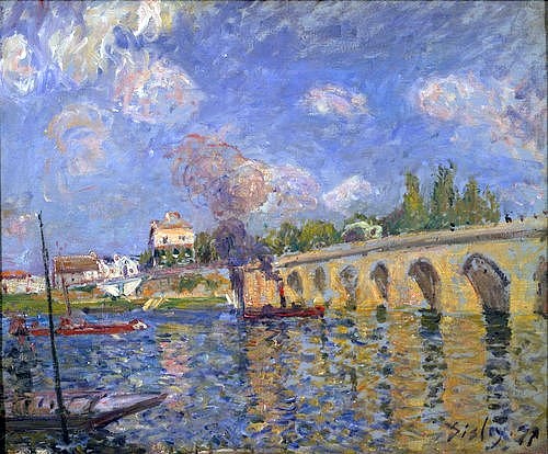 Alfred Sisley, Flussdampfer und Brücke. 1871 (Sisley,Alfred,1839-1899,Sammlung Akram Ojjeh,Neuilly,Brücke,Fluss,Sisley,Alfred Sisley,19. Jahrhundert,impressionismus,Dampfboot,Dampfschiff,Dampfer)