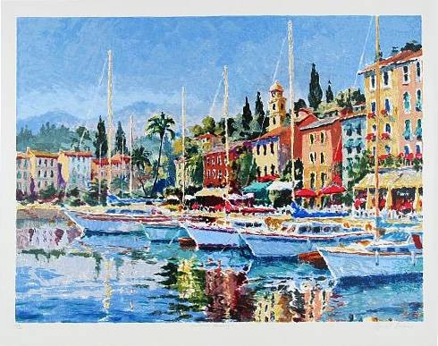Soan Hazel Harbour Morning III (2000) (Siebdruck, handsigniert) (Hafen, Stadt, Italien, Ligurien, Riviera, Segelboote, Sommer, mediterran, Grafik, impressionistisch, Original, signiert, bunt)