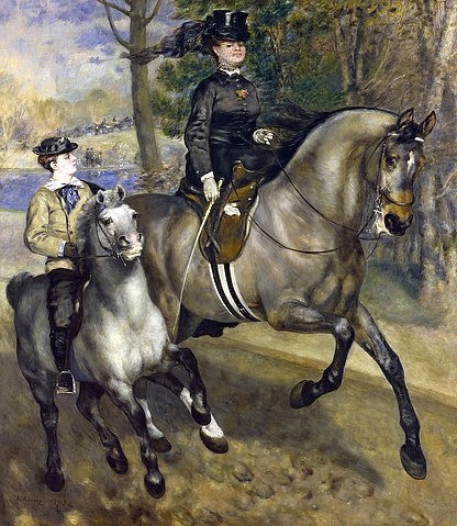 Pierre-Auguste Renoir, Reiter im Bois de Boulogne. 1873 (Garten, Park, paris, REiterin, Reiter, Pferd, Damensitz, Eleganz, Impressionismus, klassische Moderne, Wunschgröße, Wohnzimmer, Malerei)