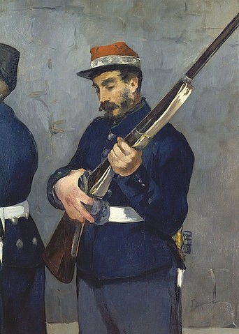Édouard Manet, Die Erschiessung Kaiser Maximilians von Mexico 1867. Detail: Soldat mit Gewehr. (Manet,Édouard,Mannheim,Kunsthalle,1832-1883,Waffe,Edouard Manet,Gewehr,Soldat,19. Jahrhundert,Erschießung,Hinrichtung,Kaiser Maximilian von Mexico)