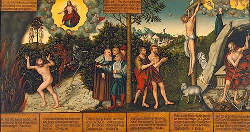 LUCAS CRANACH Der Ältere, Sündenfall und Vergebung (Allegorie von Gesetz und Gnade). (Allegorie, Sündenfall, Vergebung, Kreuzigung, Vertreibung aus dem Paradies, Adam, Eva, Erlösung, Religion, Christentum, Klassiker, Renaissance, Wunschgröße, Wohnzimmer)