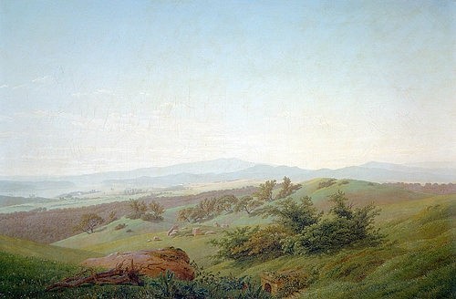Caspar David Friedrich, Böhmische Landschaft. Um 1810 (Friedrich,Caspar David,1774-1840,Weimar,Kunstsammlungen,Öl auf Leinwand,Romantik,Landschaft,Tschechien,Caspar David Friedrich,Landschaft,Böhmen,19. Jahrhundert,Hügel,Weite,Natur,hügelig,Hügellandschaft)