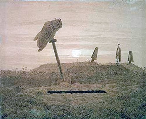 Caspar David Friedrich, Offenes Grab. Griseille. (Friedrich,Caspar David,Weimar,Kunstsammlungen,1774-1840,Friedhof,Vogel,Caspar David Friedrich,Eule,Grab,19. Jahrhundert,18. Jahrhundert)