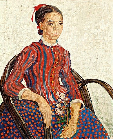 Vincent van Gogh, La Mousme. 1888 (Gogh,Vincent van,1853-1890,Washington,National Gallery,19. Jahrhundert,Portrait,Gogh,Vincent van Gogh,La Mousme,19. Jahrhundert,rot,blau,Streifen,Punkte,Muster,Jung,Frau,Post-Impressionismus,sitzen)