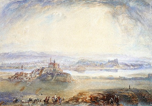 Joseph Mallord William Turner, Ninive, Mosul am Tigris. Um 1832/34 (Turner,Joseph Mallord William,1775-1851,Zürich,Galerie Koller,Aquarell,? ARTOTHEK,Arabien,Joseph Mallord William Turner,19. Jahrhundert,18. Jahrhundert,Tigris,Ninive,Mosul,Landschaft,Mesopotamien,Irak)
