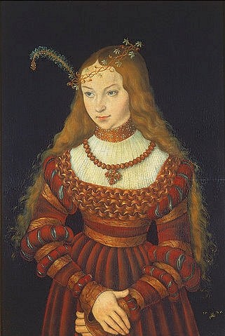 LUCAS CRANACH Der Ältere, Sibylle von Cleve als Braut des Prinzen Johann Friedrich von Sachsen-Weimar. (Portrait, junge Frau, Adelige, Braut, Hochzeit, Feder, Persönlichkeiten, Schmuck, Robe, Klassiker, Renaissance, Wunschgröße, Wohnzimmer)