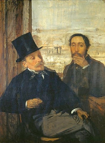 Edgar Degas, Selbstportrait mit Evariste de Valernes. Gegen 1865 (Degas,Edgar,1834-1917,Paris,Musée d'Orsay,Öl auf Leinwand,Degas,Edgar Degas,Selbstbildnis,Evariste Valernes,Kopfbedeckung,Zylinder,Mann,Doppelbildnis,Männer,19. Jahrhundert,Schnurrbart,Altersunterschied,Generation,schweigen, französischer impressionismus,)