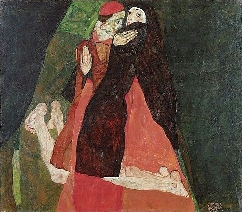 Egon Schiele, Kardinal und Nonne (Liebkosung). 1912 (Schiele,Egon,1890-1918,Wien,Museum Leopold,Österreich,Öl auf Leinwand,20. Jahrhundert,IMAGNO/Leopold Museum Vienna,Egon Schiele,Sexualität,Klerus,Nonne,Kuss,Kardinal,Liebkosung,20. Jahrhundert,Zölibat,Keuschheit,Kirche,Verbotenes,rot,Verboten,Umarmung)