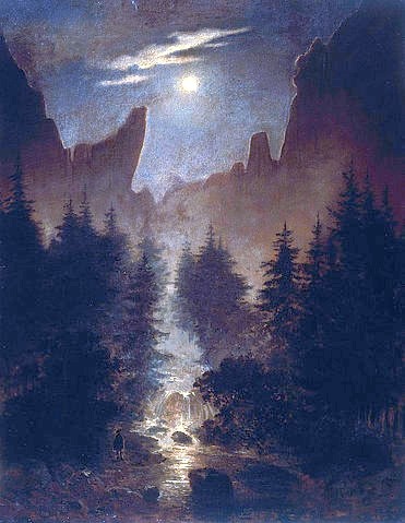 Caspar David Friedrich, Uttewalder Grund. Um 1825. (Sächsische Schweiz, Landschaft,   Abend ,Mond, Uttewalder Grund, Felswand, Berge, schroff, Felsen, Dunkelheit, Bach, Spaziergänger, Klassiker, Wohnzimmer, Treppenhaus, Malerei, Romantik, Wunschgröße, bunt)