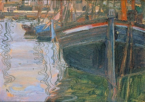 Egon Schiele, Boote, sich im Wasser spiegelnd. 1908 (20. Jahrhundert,Öl/Bleistift/Karton,1890-1918,Schiele,Egon,Privatbesitz,boot,Egon Schiele,Hafen,20. Jahrhundert,Wasser,Bug,Fischerboot,Spiegelung,sich spiegeln,Wasseroberfläche,Hafen)