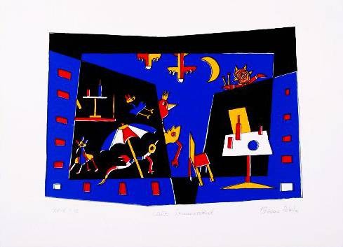 Rebel Etienne Lauer Sommerabend (1999) (Lithographie, handsigniert) (Strand, Sommer, Spaß, Urlaub, fröhlich, figurativ, Grafik, Original, signiert, Wohnzimmer, bunt)