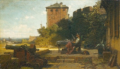 Carl Spitzweg, Der alte Festungskommandant. (19. Jahrhundert,St. Petersburg,Eremitage,1808-1885,Spitzweg,Carl,Spitzweg, Carl Spitzweg,Burg,Kanone,Kanonenrohr,Pause,Bierdermeier,humorvoll,karikaturistisch,Kommandant,gemütlich,gelassen)