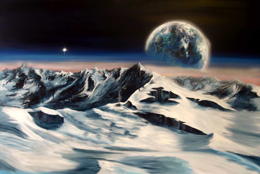 Conny Krakowski, Bergwelt (Surrealismus, Traum, Magie, Esoterik, Baum, Traumbaum,Lebensbaum,Geburt,Leben,Sterben,Wege, Lebensweg, Phantasie,Fantasie,Realismus,Malerei,Gemläde,detaiiert,Traumbild,Traumlandschaft,Landschaftsmalerei,Träumerei,Wasserfall,Berge,Wolken,)