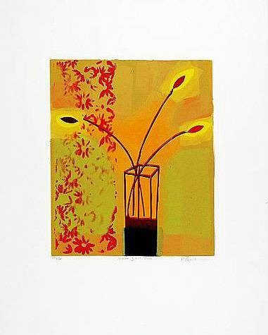 Baker Russel Yellow Glass Vase (2000) (Siebdruck, handsigniert) (Blumenvase, Blüten, Stillleben, modern, abstrahiert Grafik, Original, signiert, Wohnzimmer, Treppenhaus, Esszimmer, bunt)