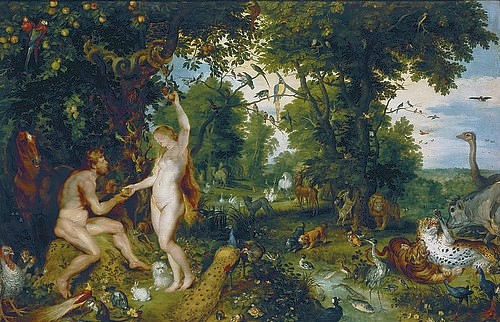 Peter Paul Rubens, Das Paradies (Adam und Eva / Der Sündenfall). Um 1616 (Paradies, Garten Eden, Adam und Eva, Sündenfall, Schlange, Äpfel, Barock, Klassiker, Malerei, Wohnzimmer, Wunschgröße, bunt)