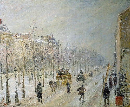 Camille Pissarro, Auf dem Boulevard bei Schneefall. (Paris, Stadt, Hauptstadt, Straße, Prachtstraße, Winter, Schnee, Schneetreiben, Menschen, Alltagsszene, Frankreich, Impressionismus, Klassische Moderne, Wohnzimmer, Wunschgröße)