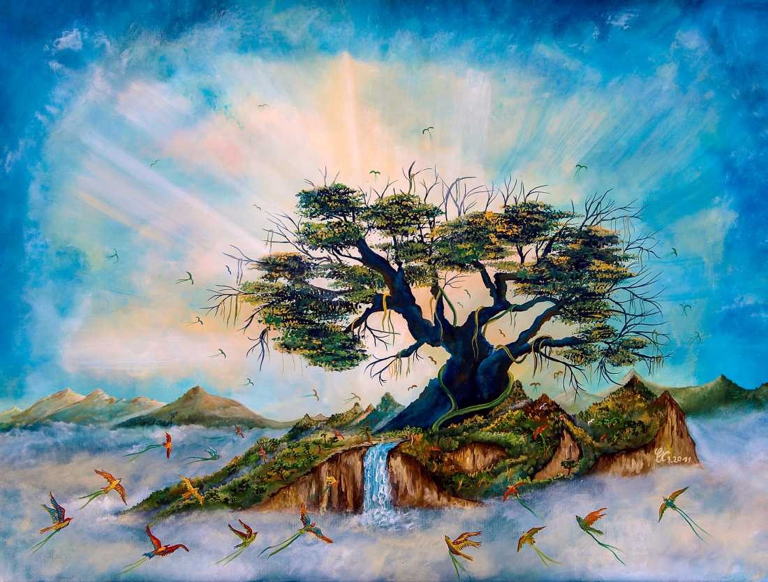 Conny Krakowski, Das Dach der Welt (Surrealismus, Traum, Magie, Esoterik, Baum, Traumbaum,Lebensbaum,Geburt,Leben,Sterben,Wege, Lebensweg, Phantasie,Fantasie,Realismus,Malerei,Gemläde,detaiiert,Traumbild,Traumlandschaft,Landschaftsmalerei,Träumerei,Wasserfall,Berge,Wolken,)