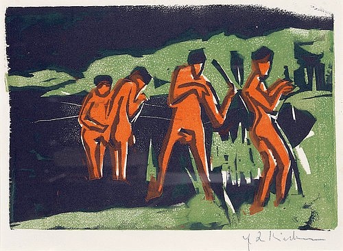 Ernst Ludwig Kirchner, Mit Schilf werfende Badende. (Kirchner,Ernst Ludwig,1880-1938,Landesmuseum für Kunst und Kulturgeschichte Oldenburg,Farbholzschnitt,Baden,Kirchner, Ernst Ludwig 1880-1938)