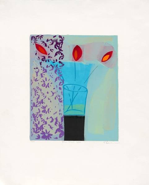 Baker Russel Blue Glass Vase (2001) (Siebdruck, handsigniert) (Blumenvase, Blüten, modern, abstrahiert Grafik, Original, signiert, Wohnzimmer, Treppenhaus, Esszimmer, bunt)