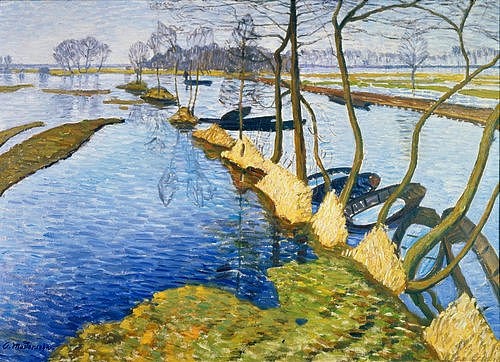 Otto Modersohn, Überschwemmung. 1912. (Wasser, Felder, Boote, Naturkatastrophe,Landschaft,    Künstlerkolonie Worpswede, Klassische Moderne,   Wohnzimmer, Treppenhaus, Wunschgröße)