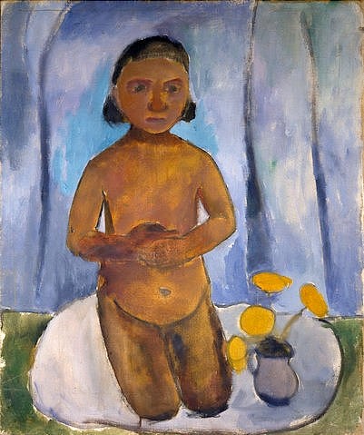 Paula Modersohn-Becker, Kniendes Kind vor blauem Vorhang. 1907. (Modersohn-Becker,Paula,Landesmuseum für Kunst und Kulturgeschichte Oldenburg,1876-1907,Kinder,Weibliche Akte,Modersohn-Becker, Paula 1876-1907)