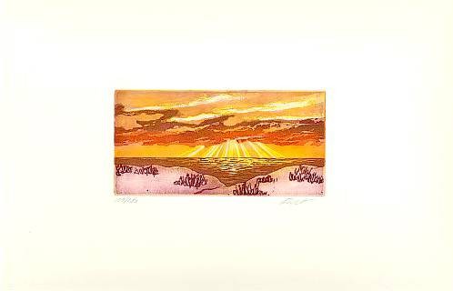 Fiset Henryk Sonnenaufgang (2001) (Radierung, handsigniert) (Sonnenaufgang, Meer, Horizont, Dünen, Grafik, Radierung, Meeresbrise, Original, Grafik, signiert, Treppenhaus, Wohnzimmer)