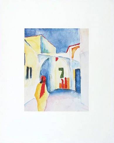 Macke August Blick in eine Gasse (Granolitho Verfahren, 250 g Rives-Bütten) (Malerei, Expressionismus, Tunesien, Afrika, tunesische Reise, Straße, Fußgänger, Tunesier, Wohnzimmer, Treppenhaus, Arztpraxis, Klassische Moderne,  bunt)