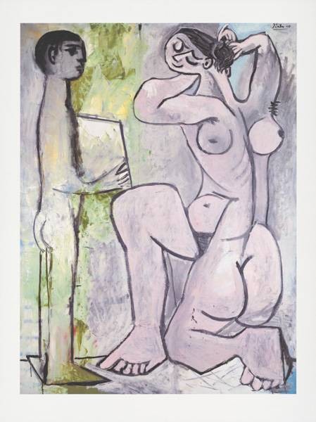 Picasso Pablo La Coiffure (1954) (Frequenzmodulierte Rastertechnik, Bütten) (Klassische Moderne, Malerei, Kubismus, sitzende Frau, Akt, nackt, Friseur, Spiegel, Frisur, geometrische Formen, Wohnzimmer, Schlafzimmer, bunt)