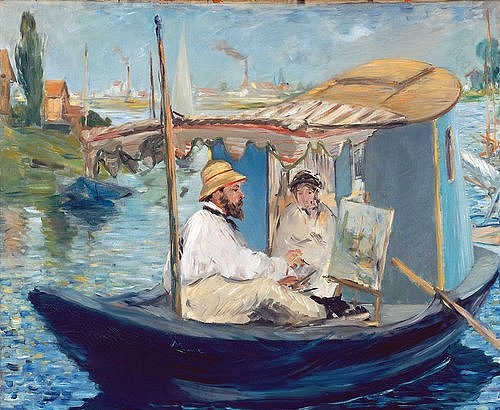 Édouard Manet, Die Barke. (Claude Monet in seinem schwimmenden Atelier). 1874 (Barke, Boot, Sommer, Künstler, Maler, Staffelei, Atelier, Impressionismus, Wohnzimmer, Klassiker, Wunschgröße, bunt,)