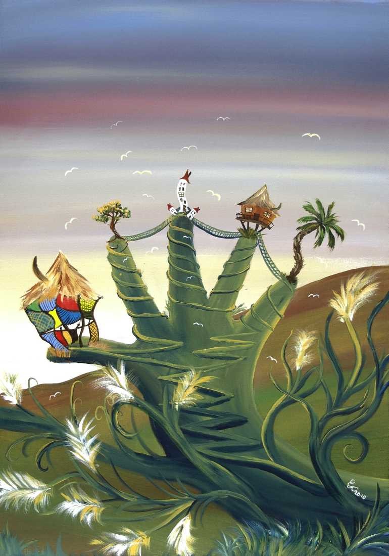 Conny Krakowski, Das grüne Händchen (Surrealismus, Traum, Magie, Esoterik, Baum, Traumbaum,Lebensbaum,Geburt,Leben,Sterben,Wege, Lebensweg, Phantasie,Fantasie,Realismus,Malerei,Gemläde,detaiiert,Traumbild,Traumlandschaft,Landschaftsmalerei,Träumerei,Wasserfall,Berge,Wolken,)