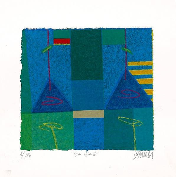 Cames Norbert Synergie IV (2001) (Siebdruck, handsigniert) (Haus, Garten, geometrische Formen, stilisiert, modern, Grafik, Original, signiert, Wohnzimmer, Treppenhaus, bunt)
