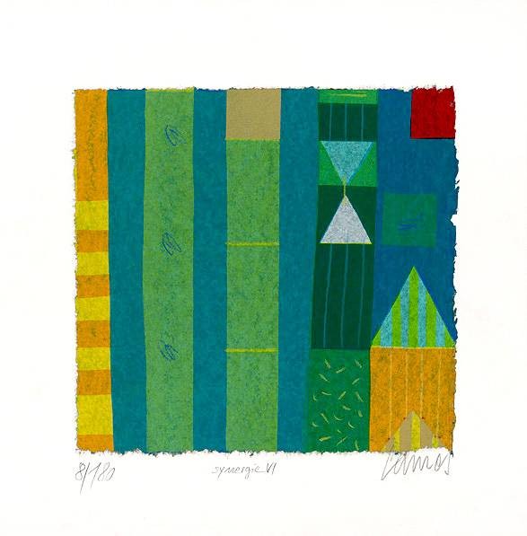 Cames Norbert Synergie VI (2001) (Siebdruck, handsigniert) (Haus, Garten, geometrische Formen, stilisiert, modern, Grafik, Original, signiert, Wohnzimmer, Treppenhaus, bunt)