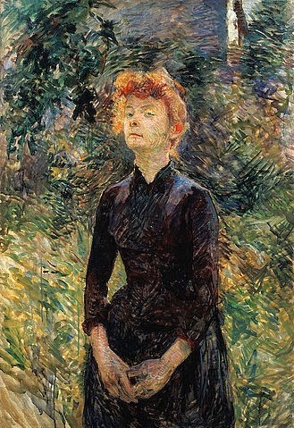 Henri de Toulouse-Lautrec, In Batignolles. 1888. (Portrait,19. Jahrhundert,Privatbesitz London,1864-1901,Toulouse-Lautrec,Henri de,Henri Toulouse Lautrec,Frau,Französin, Komödiantin,Yvette Guilbert ,rothaarig,selbstbewußt)