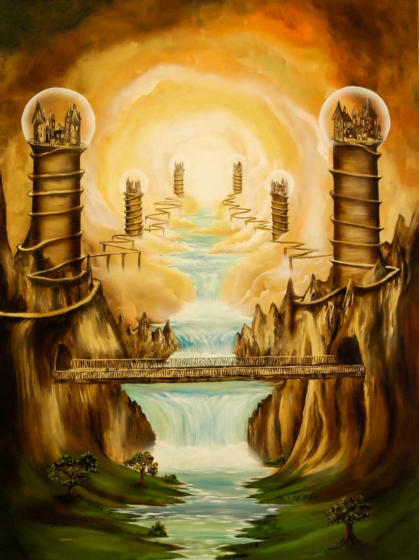 Conny Krakowski, Dazwischen das Leben (Surrealismus, Traum, Magie, Esoterik, Baum, Traumbaum,Lebensbaum,Geburt,Leben,Sterben,Wege, Lebensweg, Phantasie,Fantasie,Realismus,Malerei,Gemläde,detaiiert,Traumbild,Traumlandschaft,Landschaftsmalerei,Träumerei,Wasserfall,Berge,Wolken,)