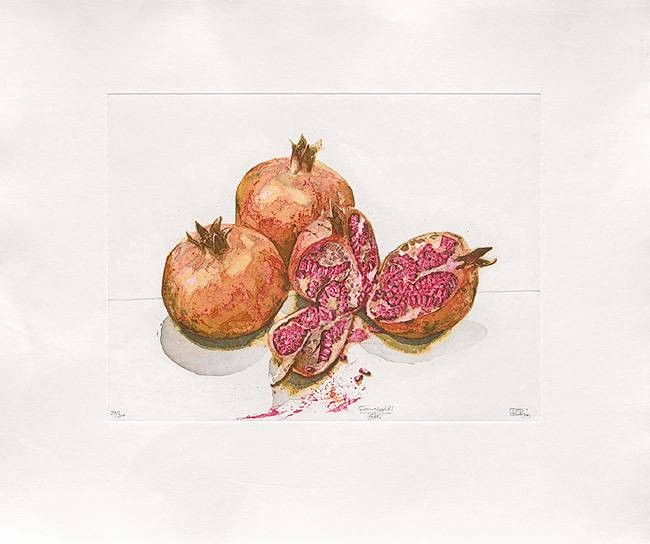 Rore Robert Granatäpfel (2000) (Radierung, handsigniert) (Granatäpfel, Paradieäpfel, Obst, Exotische Früchte, Grafik, Original, signiert, Esszimmer, Wohnzimmer, Küche)