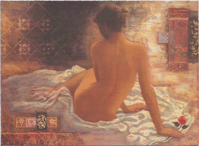 Nixon Peter Athena II (2001) (Siebdruck, handsigniert) (Rückenakt, nackte Frau, erotisch, Aktmalerei, abstrakter Hintergund, Malerei, Original, signiert, Grafik, Schlafzimmer, bunt)