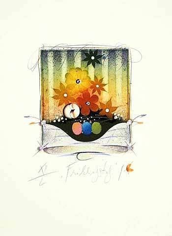 Korinek Peter Frühlingstag (2001) (Radierung, handsigniert) (Blumen, Blüten, fröhlich,  Original, Grafik, signiert, Wohnzimmer, Treppenhaus, Esszimmer, bunt)
