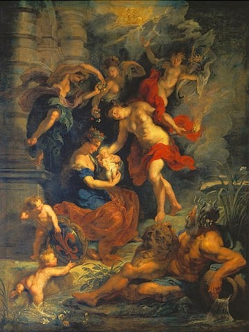 Peter Paul Rubens, Medici-Zyklus: Die Geburt der Maria de' Medici. 1621-25 (Öl auf Leinwand,17. Jahrhundert,1577-1640,Rubens,Peter Paul,Paris,Musée du Louvre,Rubens,Peter Paul Rubens,Barock,Mutter,Medici Zyklus,Putti,Putten,Löwe,Flussgott,Flußgott,Geburt,Baby,Kind,Glück,Erbin,Wappen,Personifikation Florenz,Neugeborenes,Geburtsgöt)