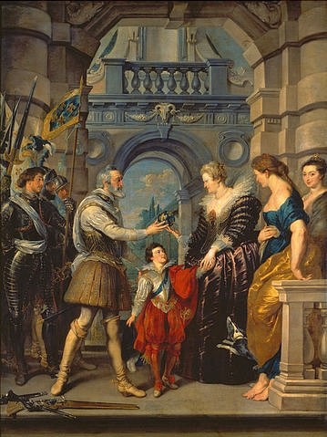 Peter Paul Rubens, Medici-Zyklus: Die Übergabe der Regentschaft, 20.03.1610. 1621-25 (Paris,Musée du Louvre,Rubens,Peter Paul,1577-1640,Öl auf Leinwand,17. Jahrhundert,Maria de Medici,Geschichte,Frankreich,Heinrich IV,Henri IV,Hofhaltung,Rubens, Peter Paul Rubens,Abschied,Übergabe,Balustrade,Rüstung,Barok,Gewehr,König,Hugenotten,Mann,Frau,)