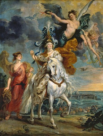 Peter Paul Rubens, Medici-Zyklus: Die Einnahme von Jülich am 1.September 1610. 1622-25 (Paris,Musée du Louvre,Rubens,Peter Paul,1577-1640,Öl auf Leinwand,17. Jahrhundert,Allegorie,Maria de Medici,Reiten,Engel,Rubens, Peter Paul Rubens,Barock,Zyklus,Frau,Geschichte,Regentin,Herrscherin,Posaune,Portrait,Sieg,Siegerin,siegreich,Triumph,Königin,)