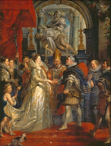 Peter Paul Rubens, Medici-Zyklus: Die Hochzeit per Prokuration, 5. Oktober 1600. 1621-25 (Paris,Musée du Louvre,Rubens,Peter Paul,1577-1640,Öl auf Leinwand,17. Jahrhundert,Hochzeit,Maria de Medici,Heinrich IV,Henri IV,Geschichte,Frankreich,Rubens, Peter Paul Rubens,Barock,Trauung,Zeremonie,Braut,Königshaus,Säbel,Kircheninneres,Bischof,Ringüber)