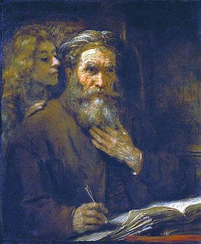 Rembrandt van Rijn, Der hl.Matthäus und der Engel. 1661. (Rembrandt van Rijn,Paris,Musée du Louvre,1606-1669,Heiliger Matthäus,Heilige,Schreiben,Grosseltern,Männer, Alte,Männer,Rembrandt van Rijn 1606-1669)
