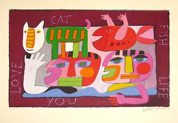 Stips Wouter Ohne Titel III (Siebdruck) (Tiere, Fisch, Katze, Menschen, surreal, witzig, Original, Grafik, Treppenhaus, Wohnzimmer)