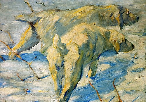 Franz Marc, Sibirische Schäferhunde. 1909/10 (Tiere,20. Jahrhundert,Öl auf Leinwand,Washington,National Gallery,1880-1916,Marc,Franz,Hunde,Marc, Franz 1880-1916,Hund,Weiß,Schnee,Winter,zwei,Blauer Reiter)