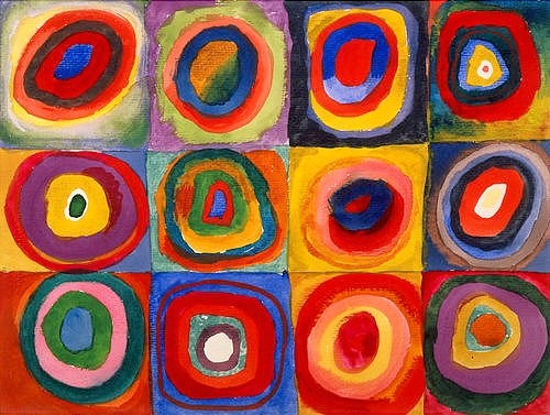 Wassily Kandinsky, Farbstudie - Quadrate und konzentrische Ringe. 1913 (20. Jahrhundert,Aquarell,Gouache u. schwarze Kreide auf Papier,1866-1944,München,Städtische Galerie,Kandinsky,Wassily,Abstrakte Kunst,Kandinsky, Wassily 1866-1944,Kreis,Kreise,Reihe,Reihen,rund,Farben,bunt,Blauer Reiter)