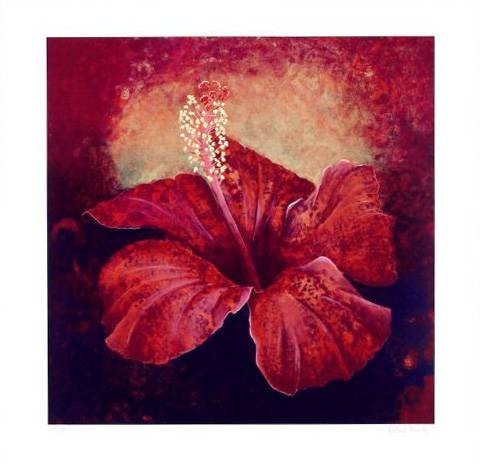 Rasch Folkert Hibiskus (2001) (Digital, handsigniert) (Blume, Blüte, Hibiskus, Blütenkelch, Stempel, floral, pflanzlich, Grafik, Treppenhaus, Wohnzimmer, Original, signiert, rot)