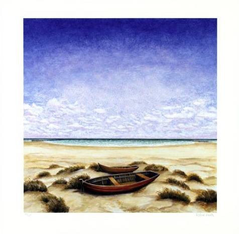 Rasch Folkert Boote am Meer (2001) (Digital, handsigniert) (Strand, Meer, Boote, gestrandet, Horizont, Meeresbrise, maritim, Badezimmer, Wohnzimmer, Original, signiert, Grafik, bunt)