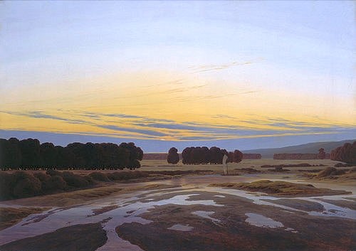 Caspar David Friedrich, Das grosse Gehege bei Dresden. 1832 (Moor,  Abendlicht, Dämmerung, Landschaft, Landschaftsmalerei, Sachsen, Weite, Einsamkeit, Horizont, Pfützen, Sumpf, Klassiker, Wohnzimmer, Treppenhaus, Malerei, Romantik, Wunschgröße, bunt)