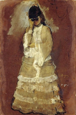 Edgar Degas, Dame mit Fernglas. 1879/80 (Dresden,Gemäldegalerie,Öl/Pappe,1834-1917,Degas,Edgar,Theater,Oper,Opernglas,Frau,junge Frau,Degas, Edgar Degas,Impressionismus,Studie,Skizze,skizzenhaft,Fernglas,Stufenkleid,beobachten,zusehen,Zuschauerin, französischer impressionismus,französisch,impres)